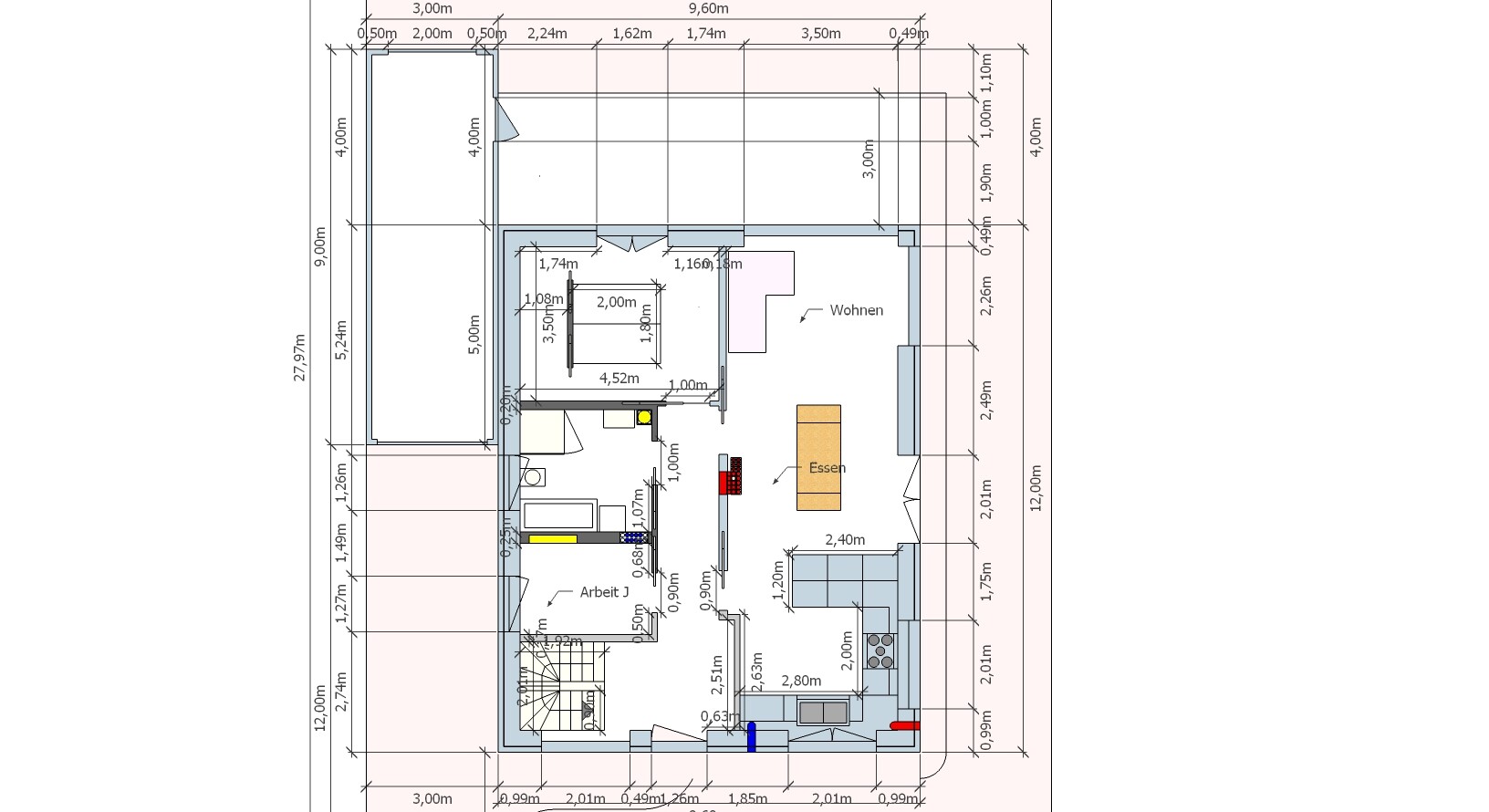 Grundriss eines Hauses mit Wohnen, Essen, Küche, Arbeitsbereich und Treppenhaus