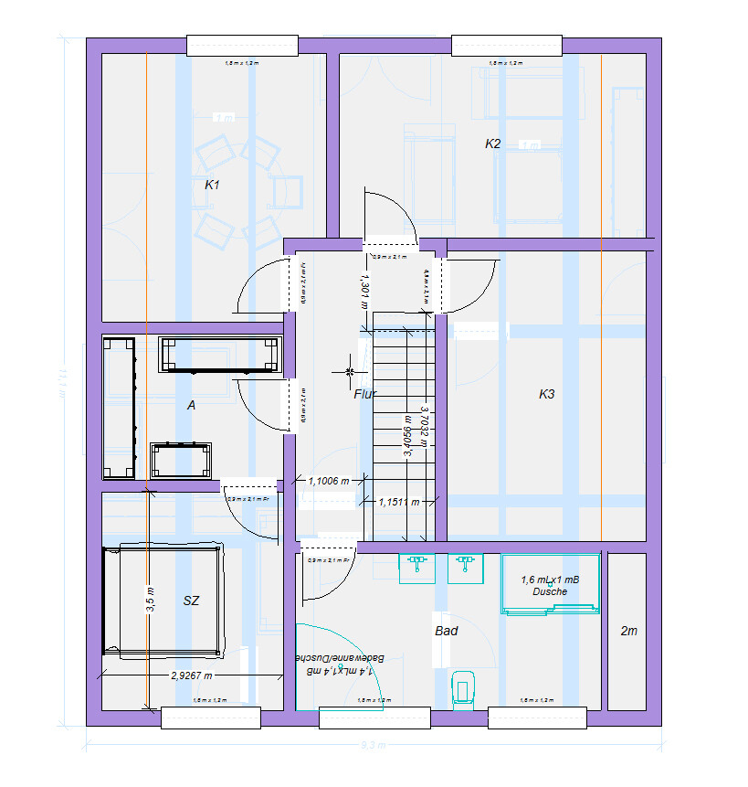 Grundriss eines Stockwerks mit Flur, Treppe, Bad, SZ, K1-K3, A, Dusche.