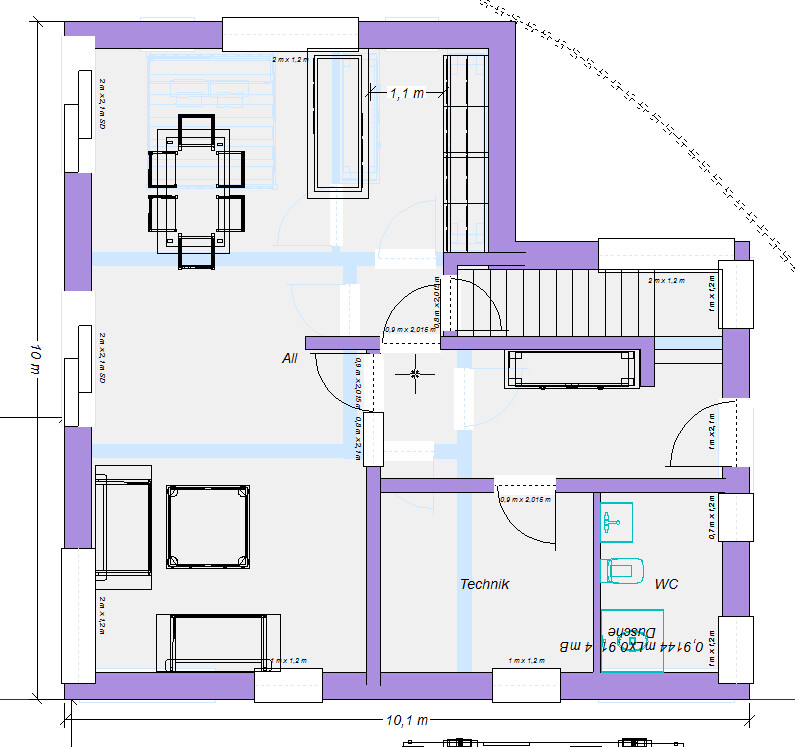 Grundriss eines Hauses mit Treppen, Möbeln, Technik- und WC-Bereich.