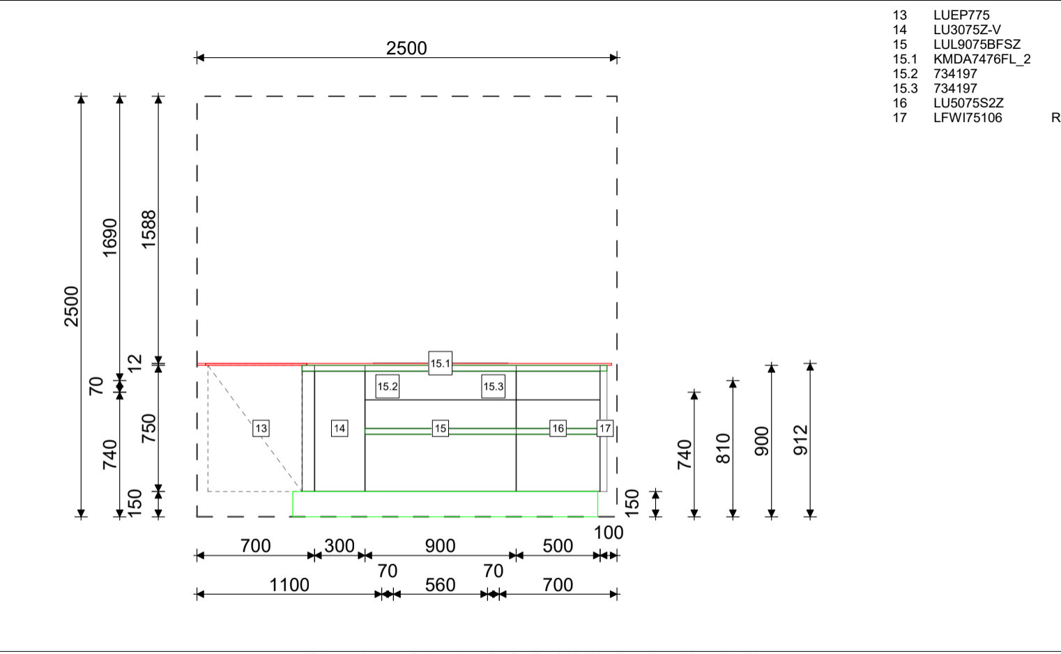 Technische Grundrisszeichnung mit Abmessungen, gestricheltem Rahmen und farbigem Möbel-Layout.