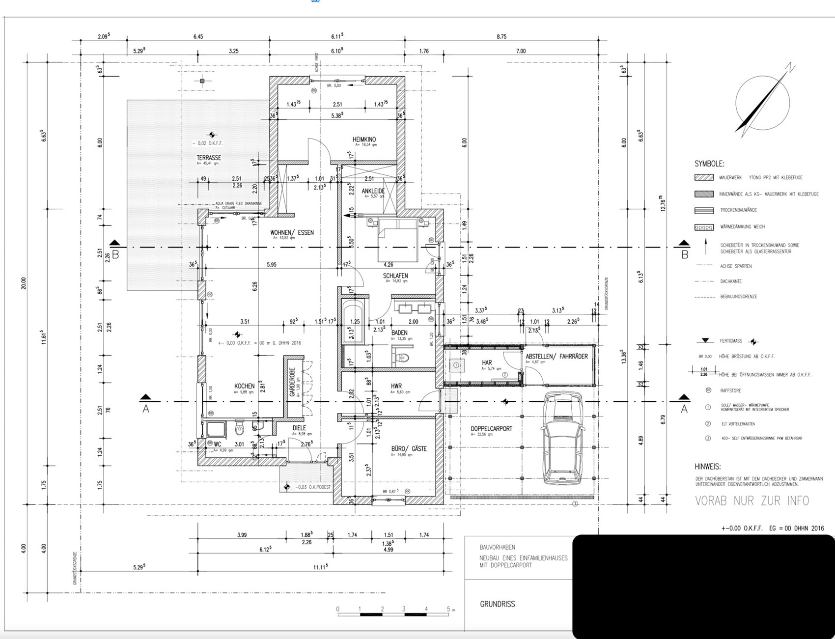 Grundriss EFH: Wohnen/Essen, Kochen, Schlafen, Bad, HWR, Terrasse, Doppelcarport