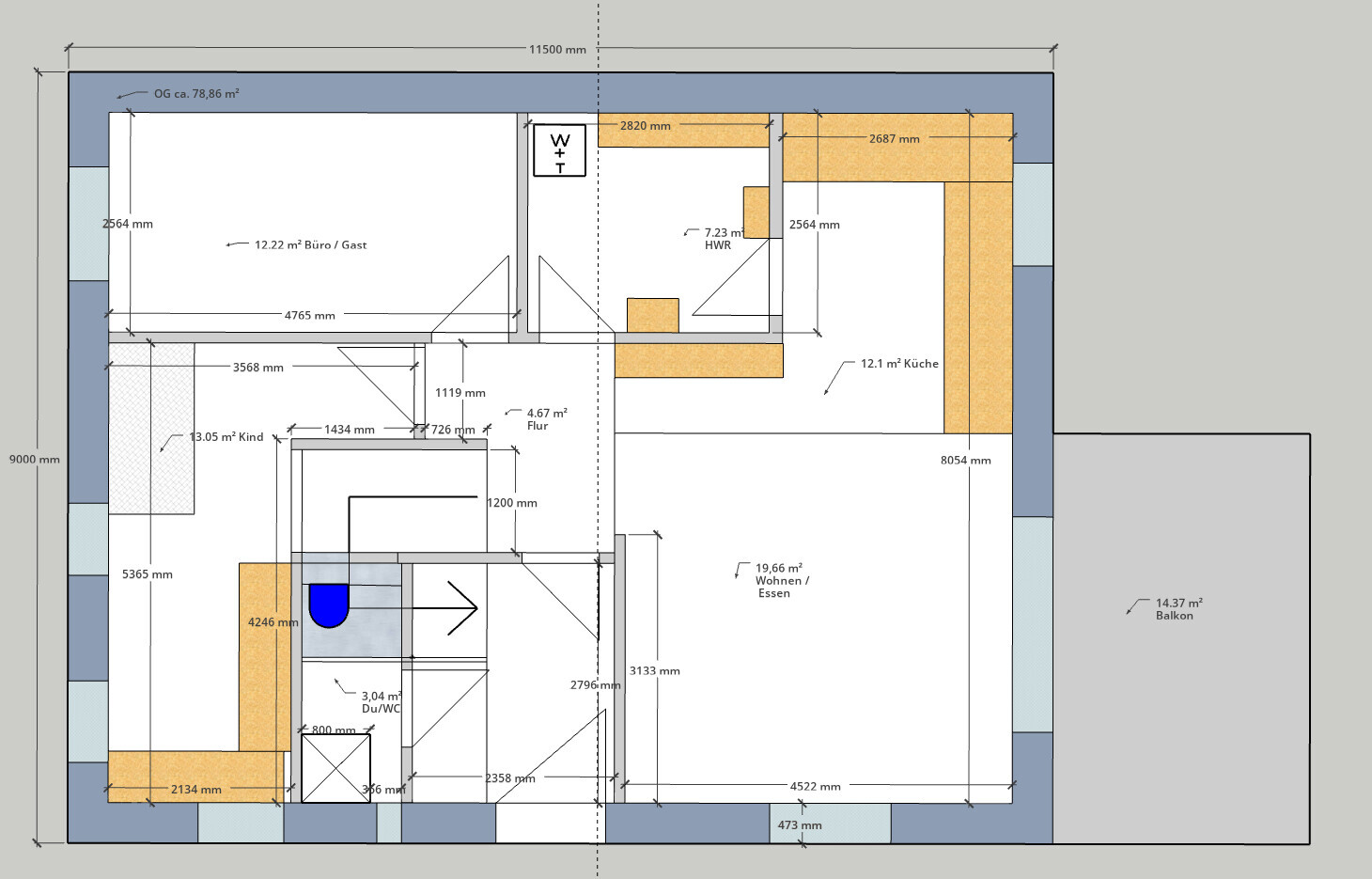 Grundriss eines Wohnhauses mit Küche, Wohnen/Essen, Büro/Gast, Kind, Bad, Flur, Balkon.