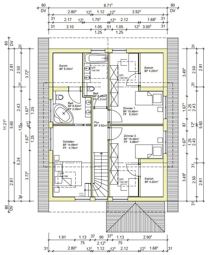 Grundriss DG: Flur, Treppe, zwei Zimmer, Schlafen, zwei Bäder, Estrich.