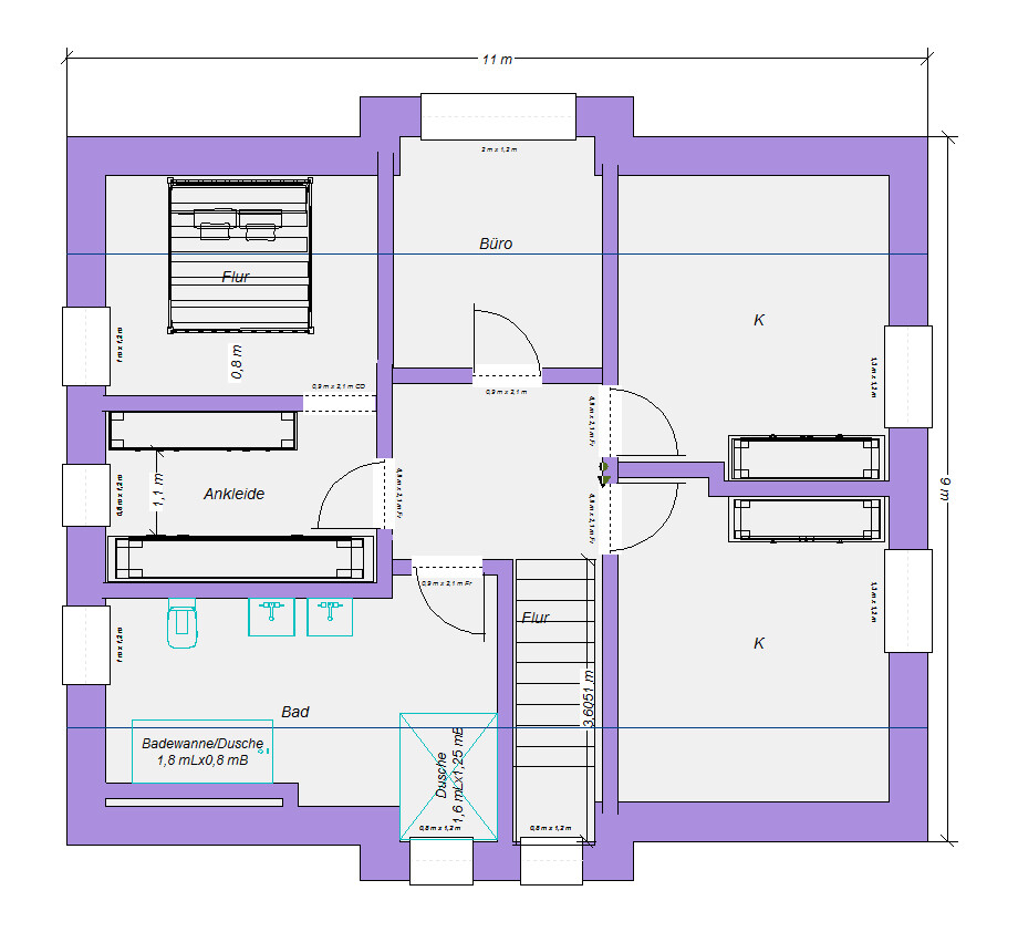 2D-Grundriss eines Hauses mit Zimmern, Fluren und Treppen