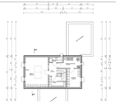 2D-Grundriss eines Hauses mit Innenwänden, Türen, Maßlinien und Außenkontur