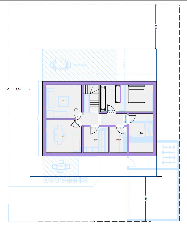 Grundriss eines Gebäudes mit Treppe, mehreren Zimmern, Türen und Möbeln; violette Umrandung.