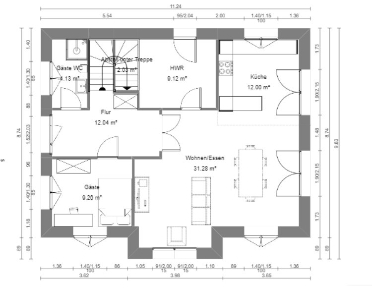 Grundriss eines Hauses, Erdgeschoss: Großes Wohn-/Esszimmer, offene Küche, Flur, HWR und Gästezimmer.
