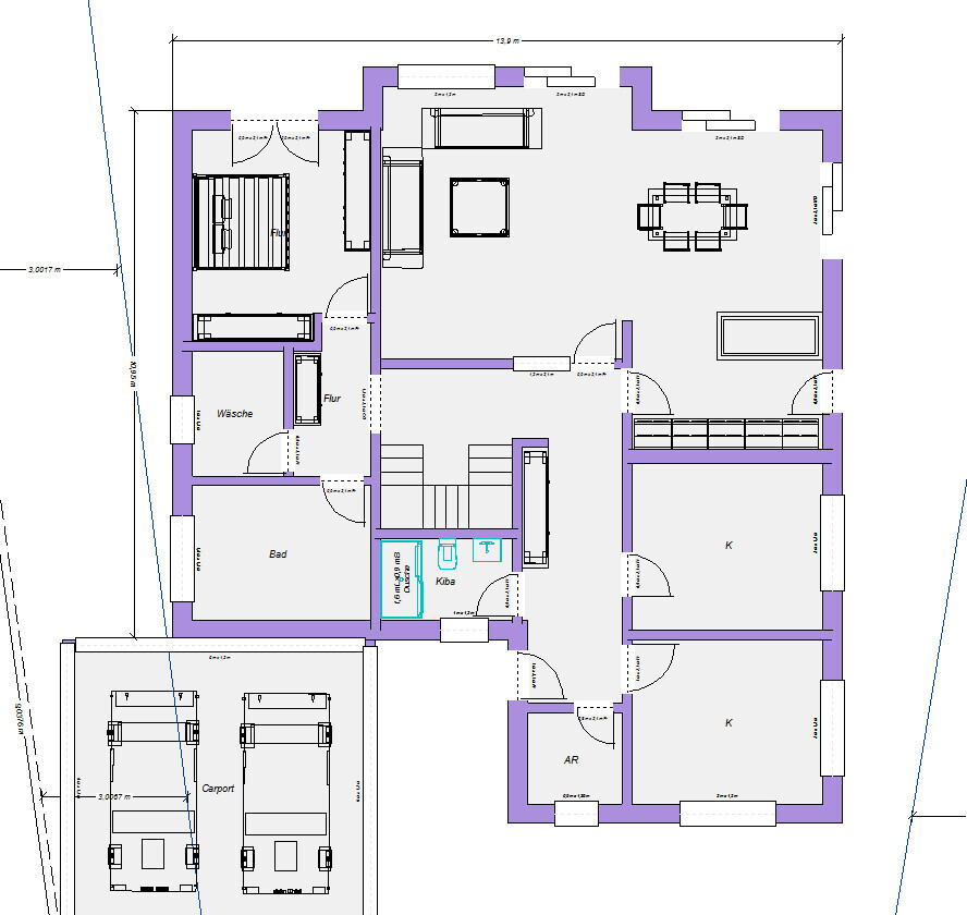Detaillierter Grundriss eines Hauses mit Zimmern, Küche, Bad und Garage