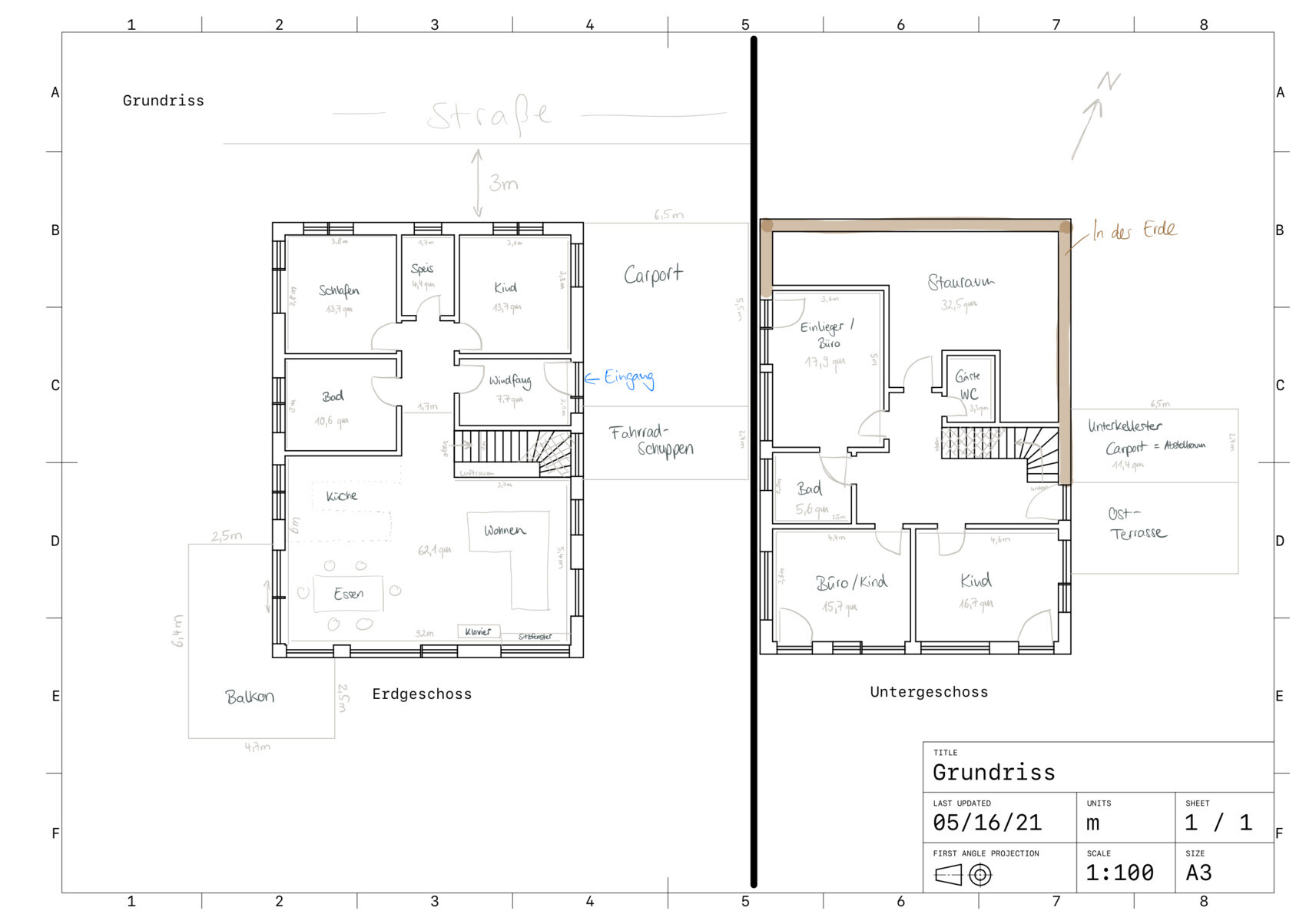 Grundriss eines zweigeschossigen Hauses: Erdgeschoss mit Küche/Wohnen; UG mit Zimmern; Carport.