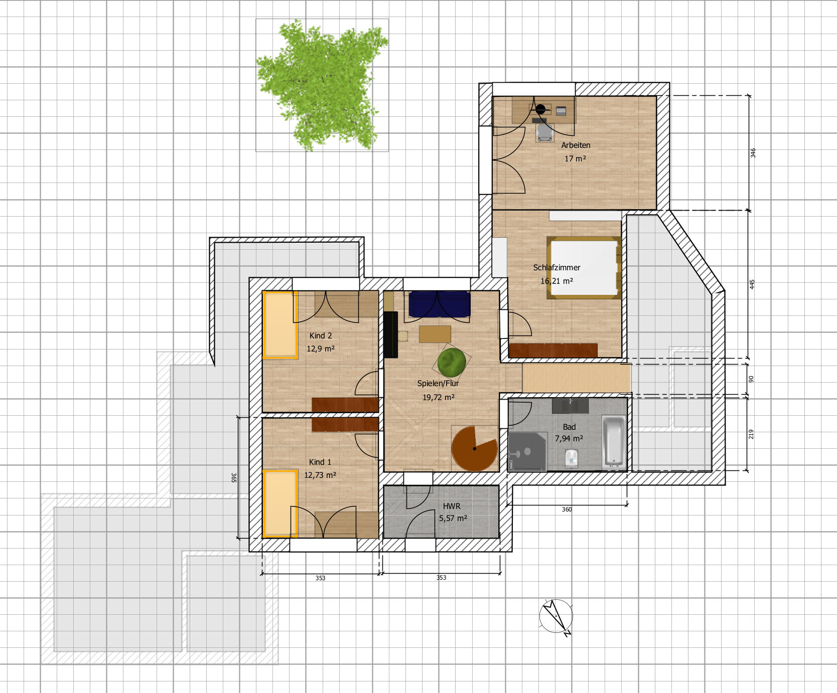 Grundriss eines Hauses: Arbeitszimmer, Schlafzimmer, Kinderzimmer, Bad, HWR, Flur und Terrasse