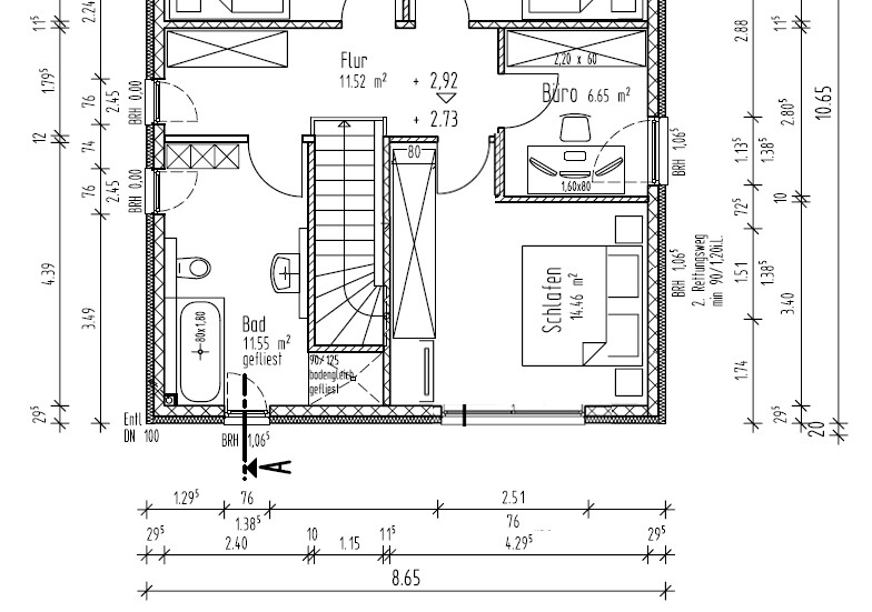 Grundriss eines Obergeschosses: Flur, Bad, Schlafen, Büro, Treppenhaus, mit Maßangaben.