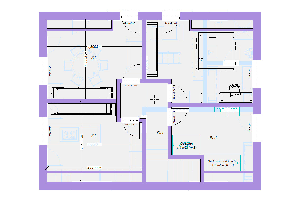 Grundriss eines Apartments mit Küche (K1), Flur, Bad, Schlafzimmer (SZ) und Essbereich.