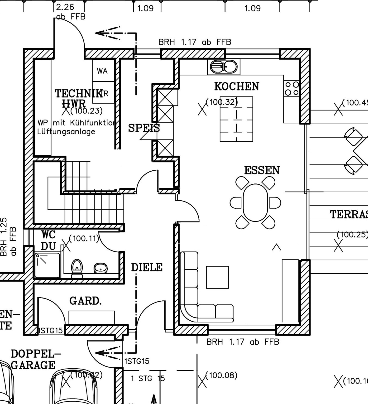 Grundriss: Offener Koch-, Ess- und Wohnbereich mit Terrasse, WC, Technikraum, Garderobe, Speis