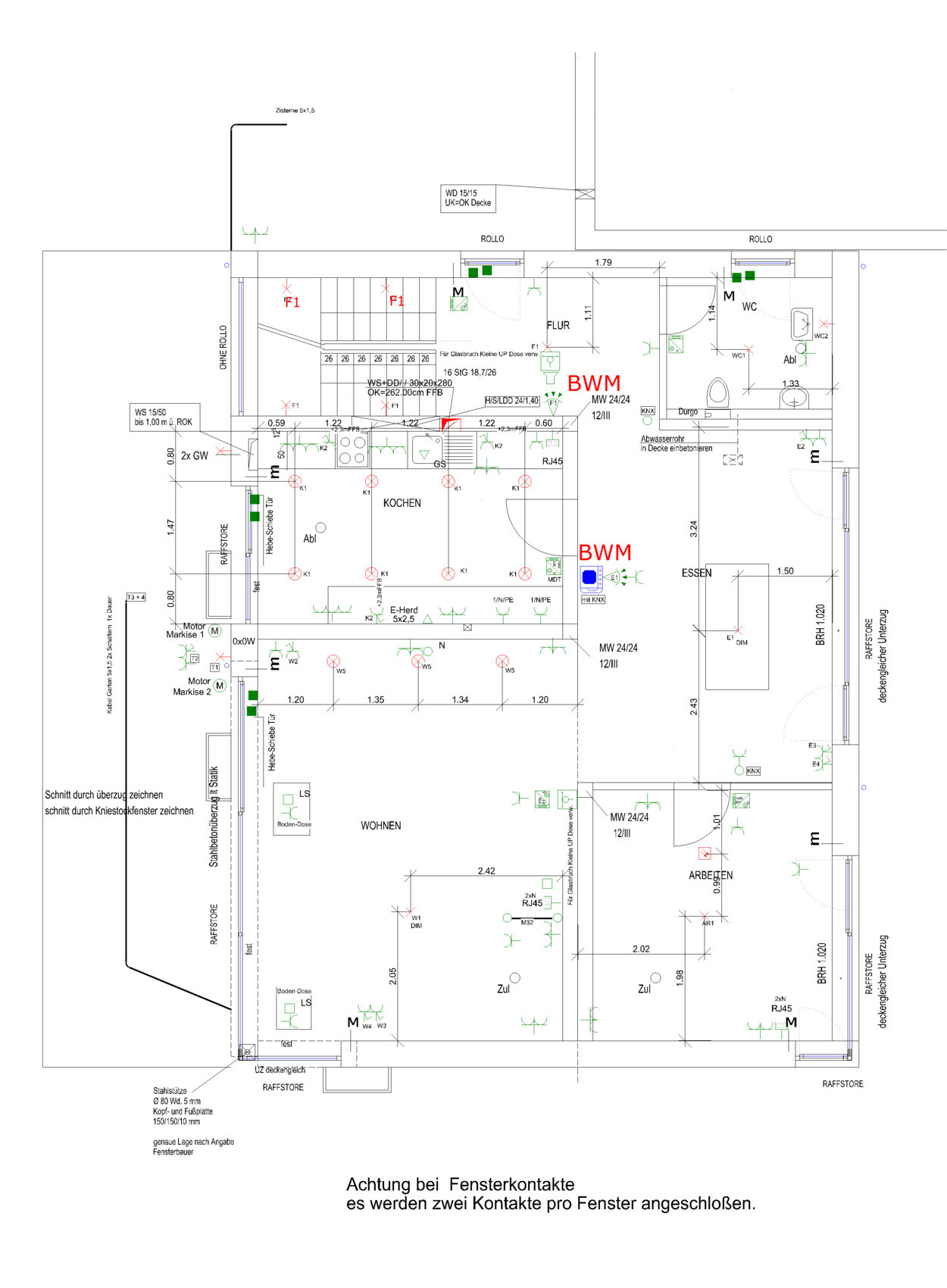 Grundriss eines Hauses mit Küche, Wohnen, Flur, Essen und WC.