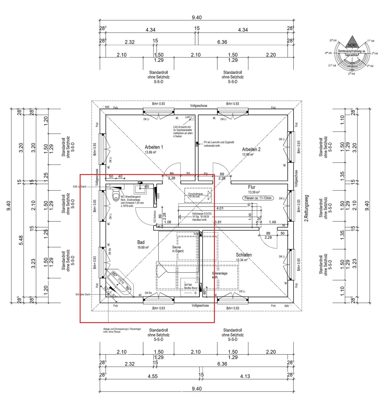 Grundriss eines Hauses mit Arbeiten 1 und 2, Flur, Bad, Schlafen, Sauna; rote Umrandung.
