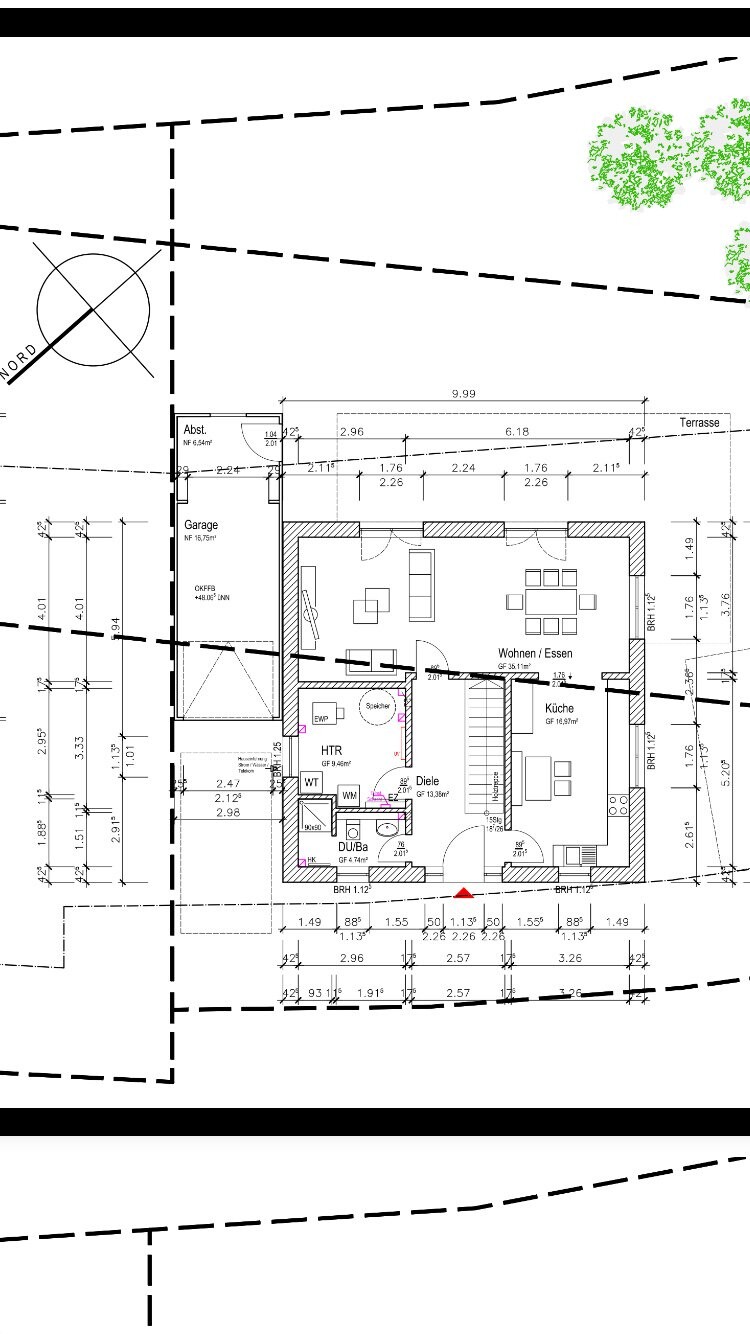 Zweidimensionaler Grundriss eines Hauses mit Wohnzimmer, Küche, Diele, Bad und Garage