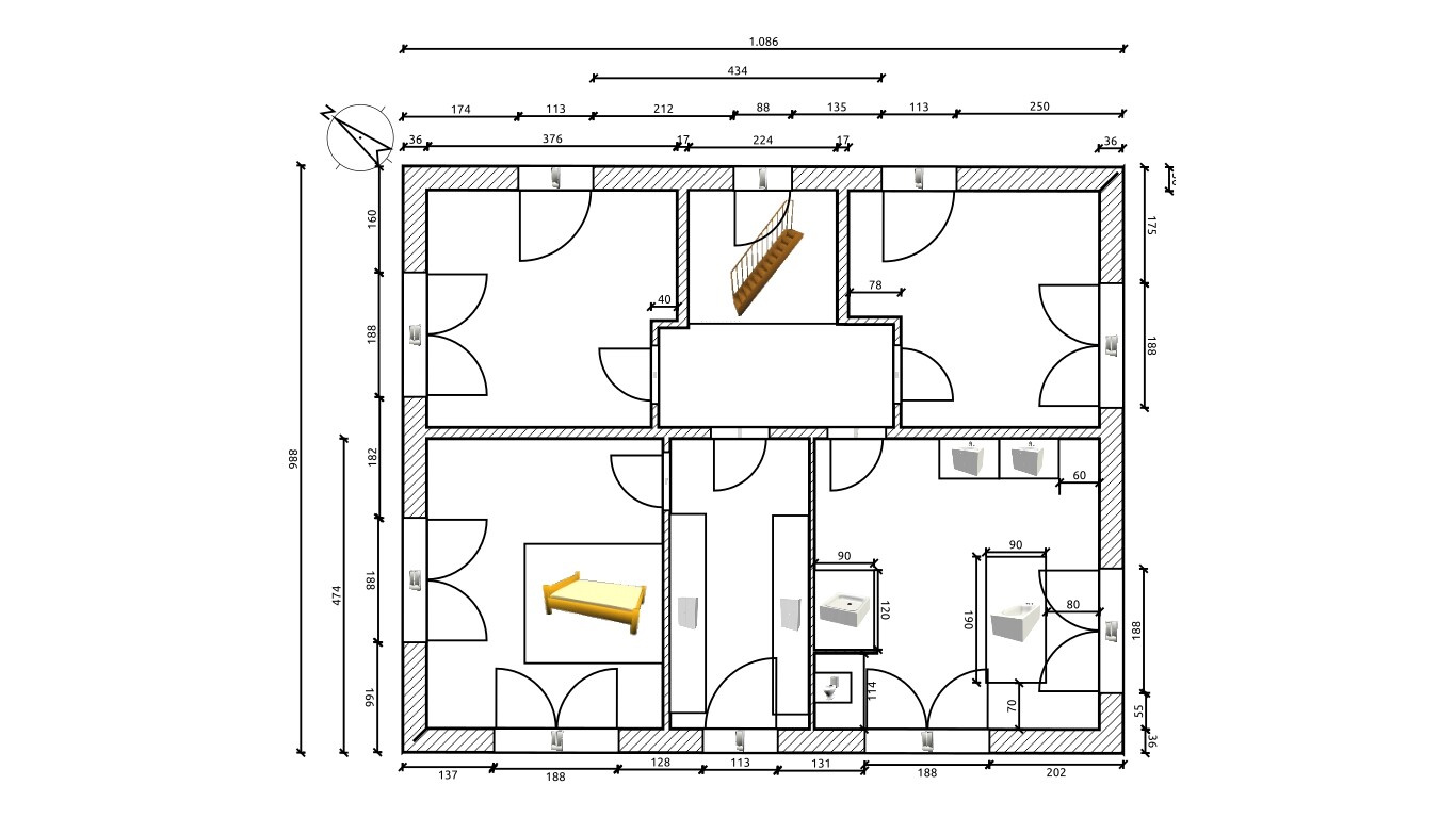 Detaillierter Grundriss eines Hauses mit Zimmern, Türen und Treppen