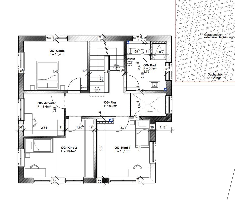 Grundriss Obergeschoss eines Hauses mit Flur, Gästezimmer, Arbeitszimmer, Bad und zwei Kinderzimmern.