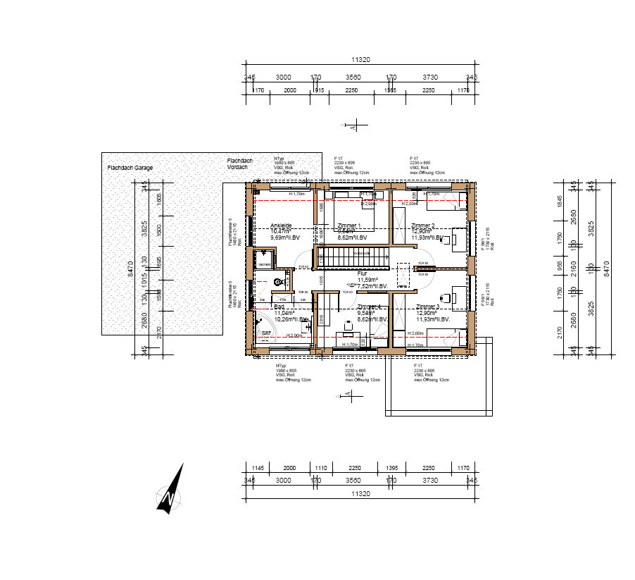 Grundriss eines Hauses mit Garage, Flur, mehreren Zimmern, Bad, Ankleide und Treppenhaus.