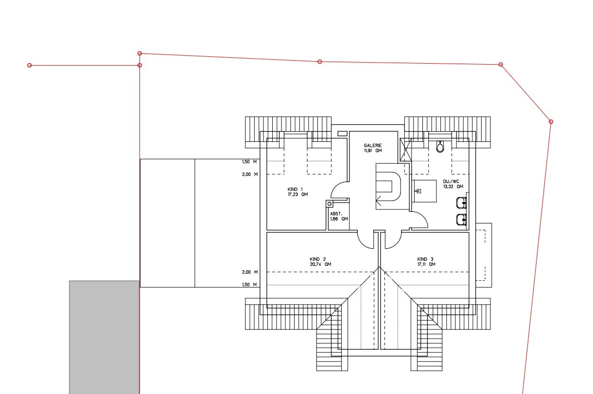 Grundriss eines Hauses mit drei Kinderzimmern, Galerie, Dusche/WC und Treppen.
