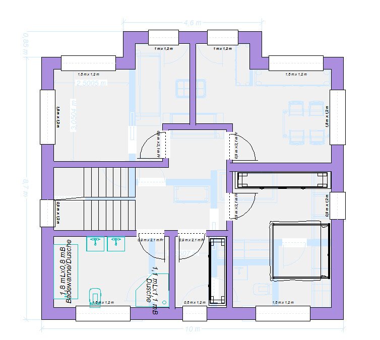 Grundriss eines Hauses mit mehreren Zimmern, Türen, Fenstern und Möbeln.
