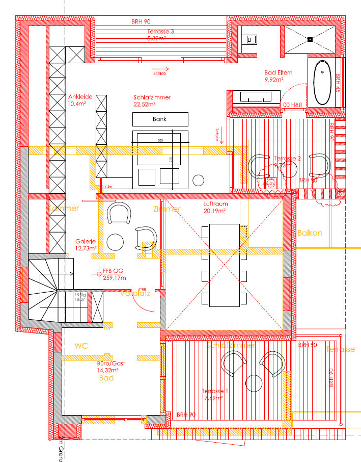Grundriss: Schlafzimmer, Ankleide, Bad Eltern, Büro, Galerie, Zimmer, Balkon, Terrasse