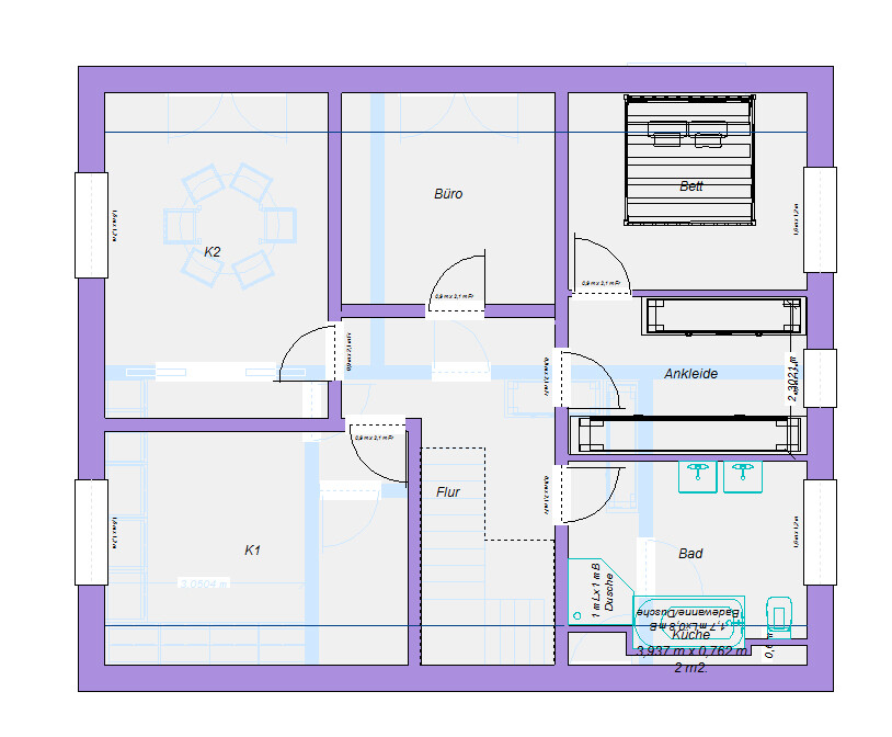 Grundriss eines Hauses: K1, K2, Büro, Bett, Ankleide, Bad, Küche, Flur