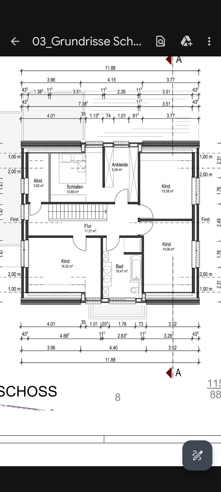Grundriss Obergeschoss: Flur, Schlafen mit Ankleide, 2 Kinderzimmer, Bad.