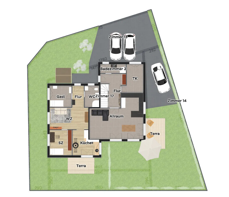 Grundriss eines Hauses: Zimmer 13, Zimmer 14, Küche, Gästezimmer, Allraum, Terrasse, Parkplätze.