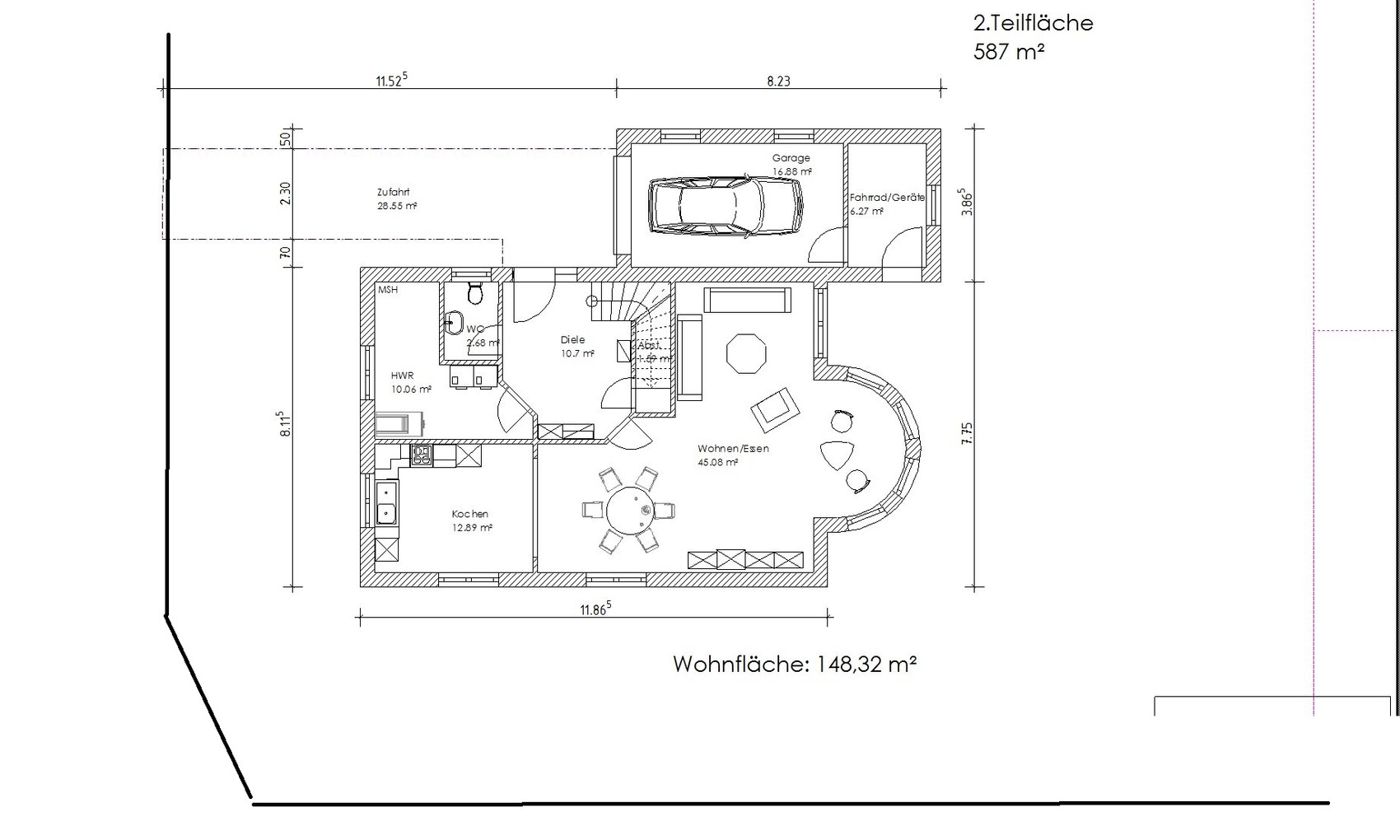 Grundriss eines Wohnhauses: Garage, Zufahrt, Küche, HWR, Diele, Wohnen/Essen.
