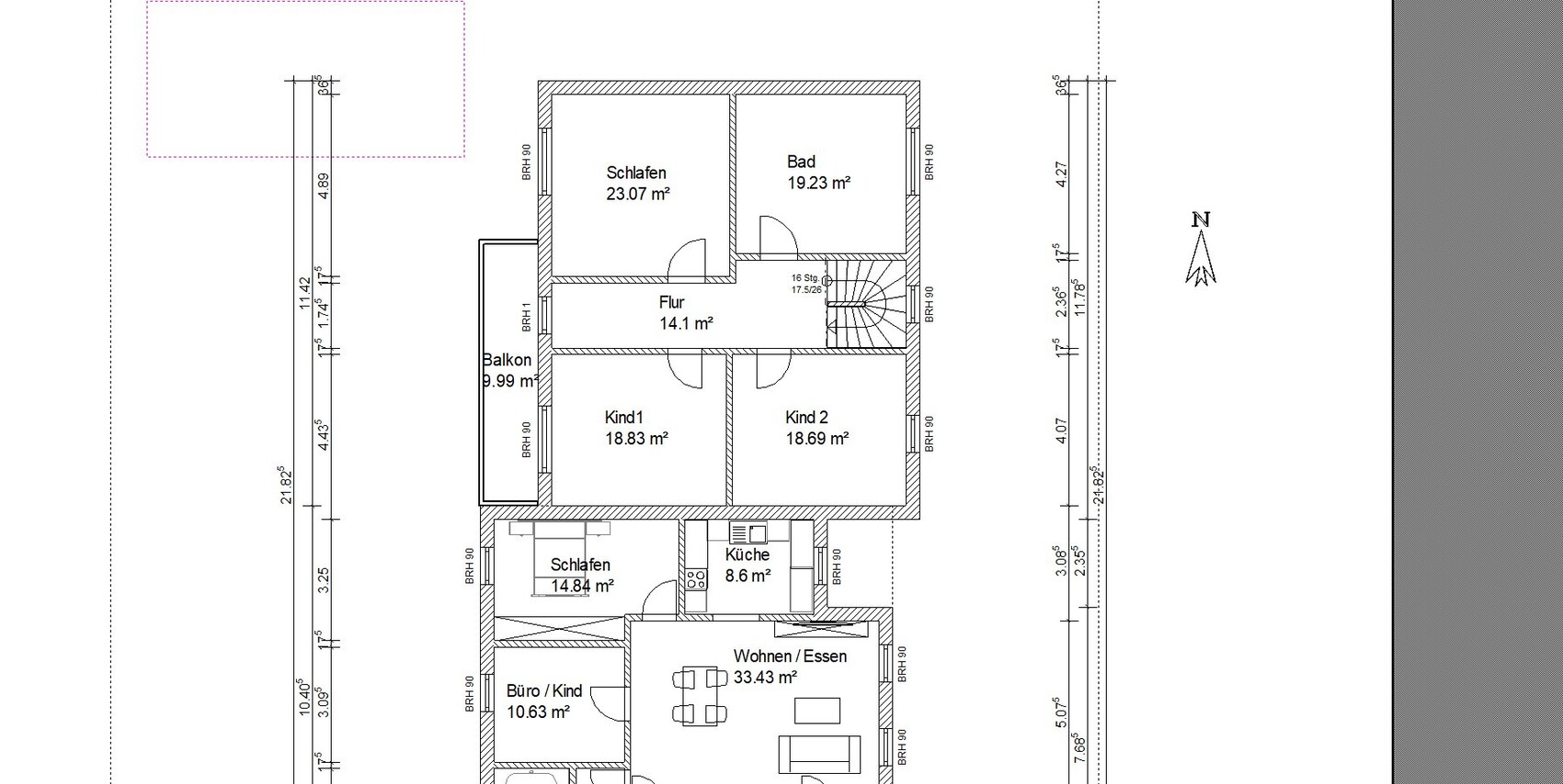 Detaillierter Grundriss eines Einfamilienhauses mit Küche, Bad, Flur und Wohnzimmer.