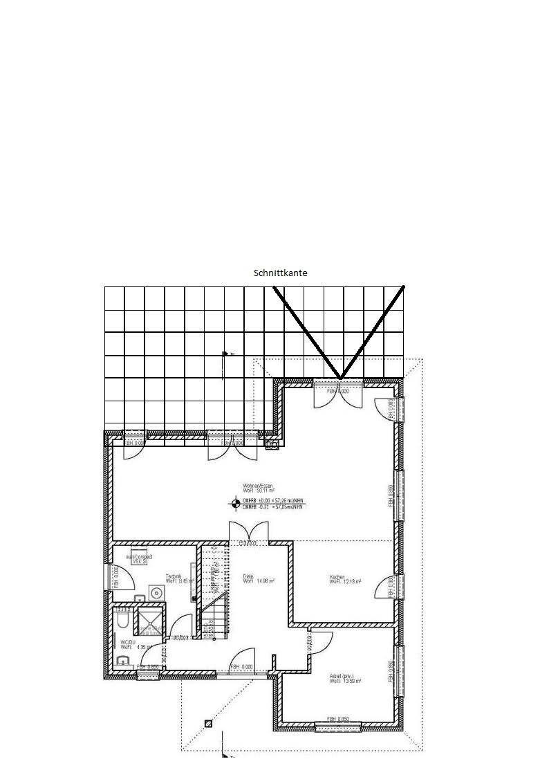 Grundriss eines Hauses im Erdgeschoss: Wohnbereiche, Küche, Bad, Treppe, Türen.