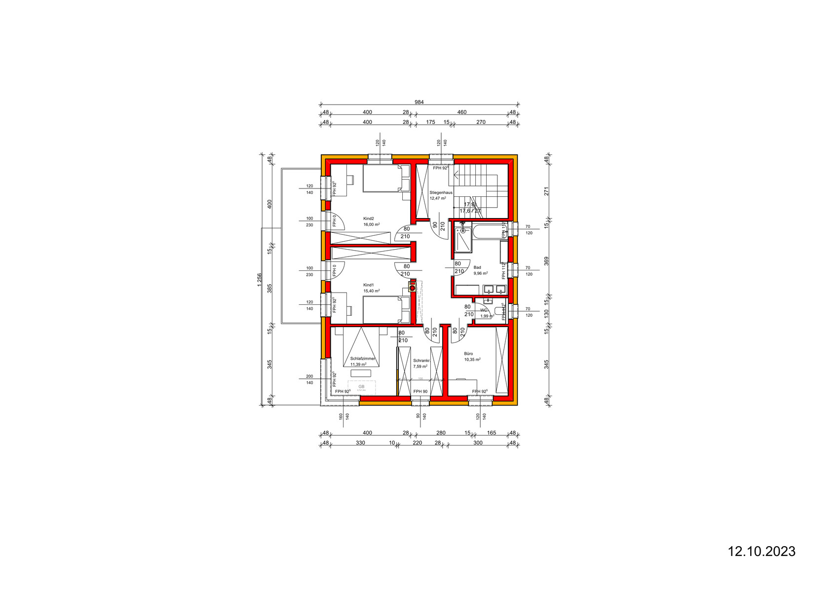 Grundriss eines Hauses mit roten Wänden, Maßen, Datum 12.10.2023