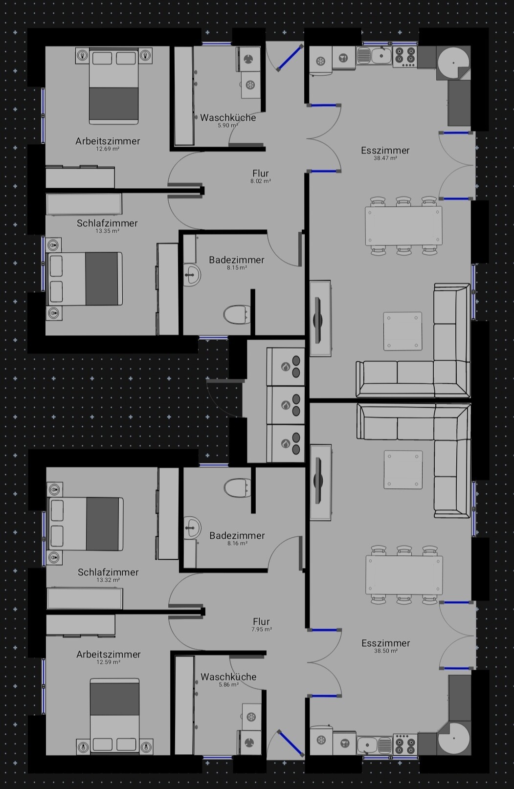 Grundriss einer Doppelwohnung mit Flur, Schlafzimmer, Arbeitszimmer, Bad, Küche und Esszimmer.