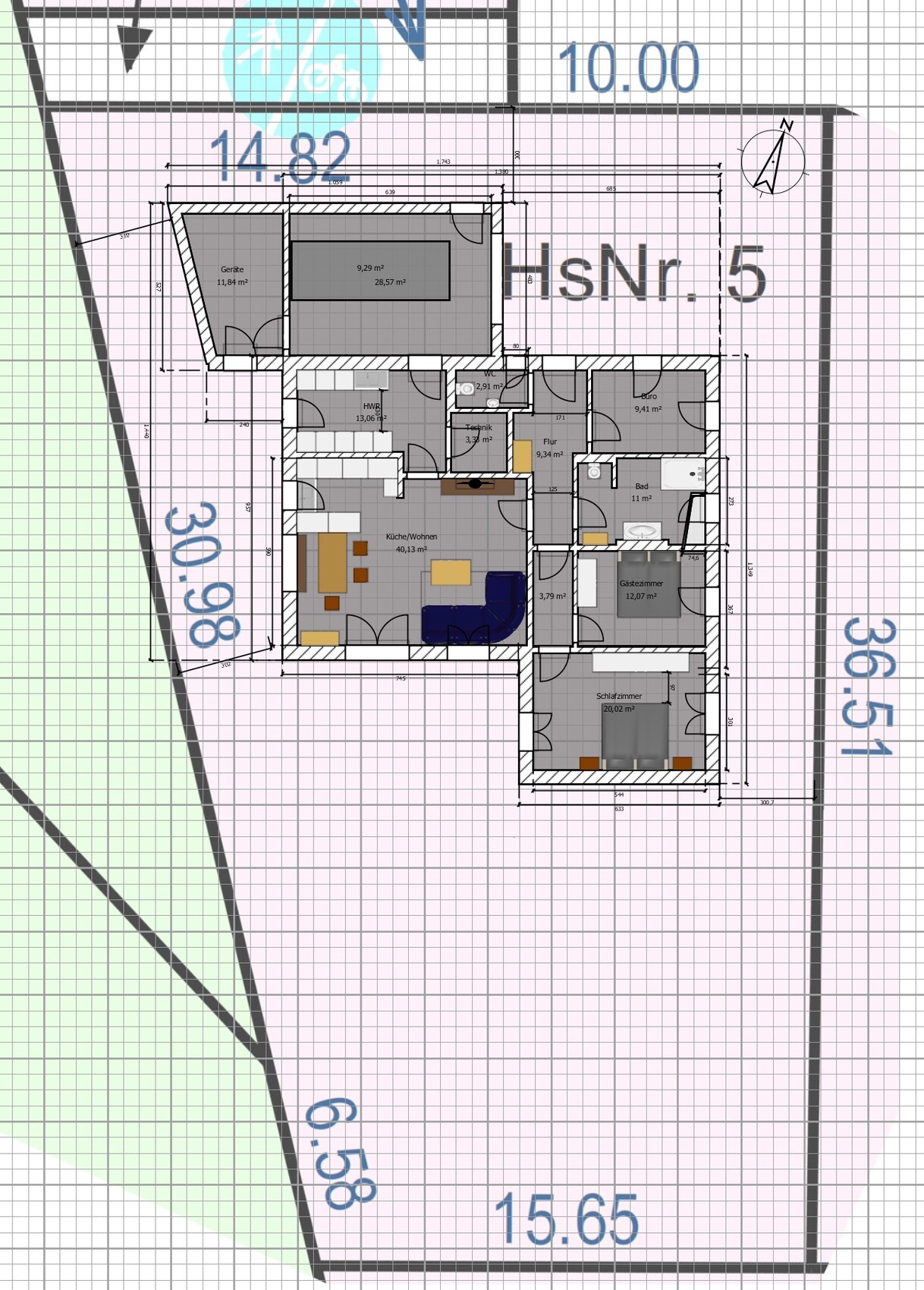 Grundriss eines Hauses mit Küche/Wohnzimmer, Gästezimmer, Schlafzimmer, Bad und Flur.