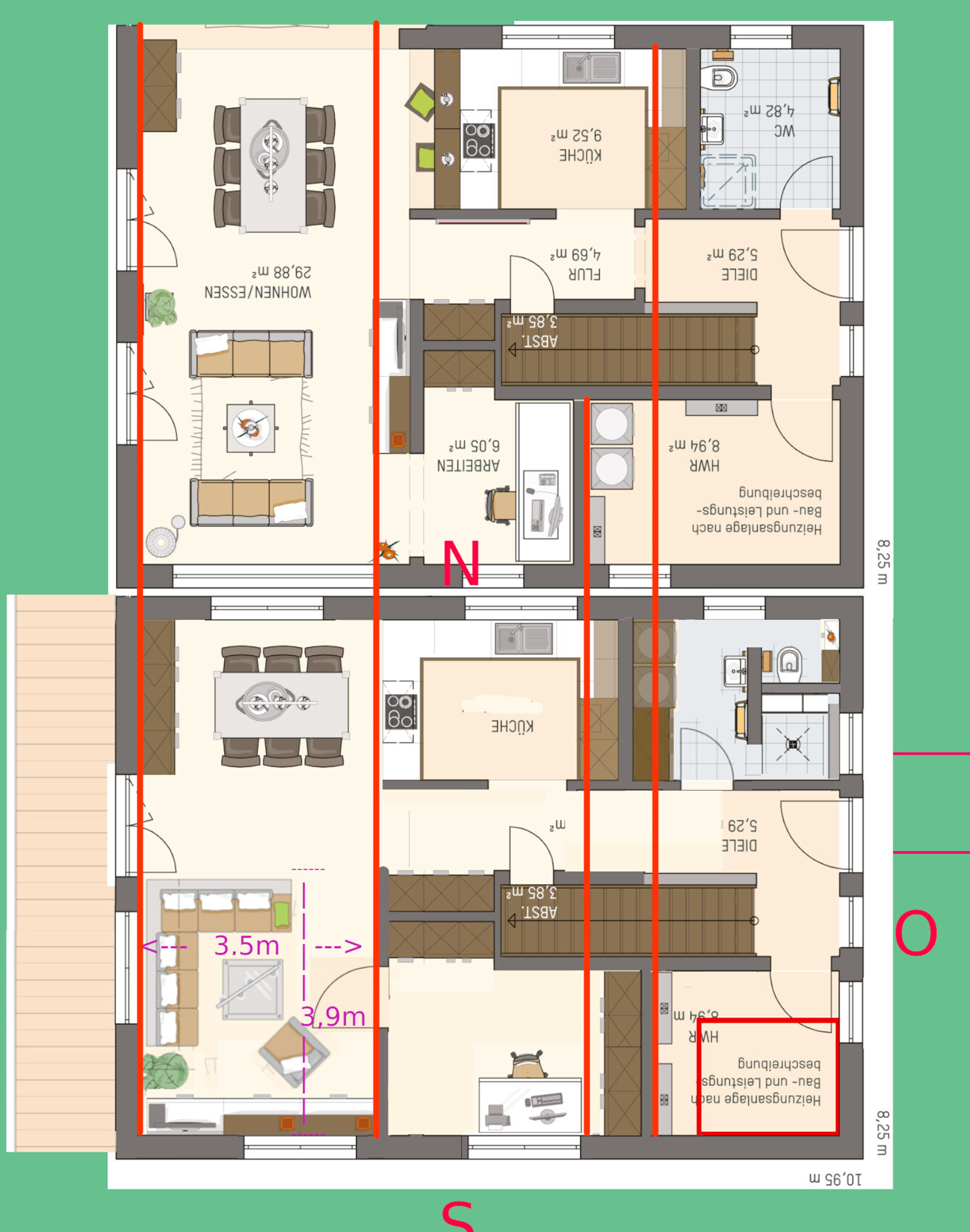 Detaillierter Grundriss eines Hauses mit Wohnzimmer, Küche, Flur, Bad und Terrasse