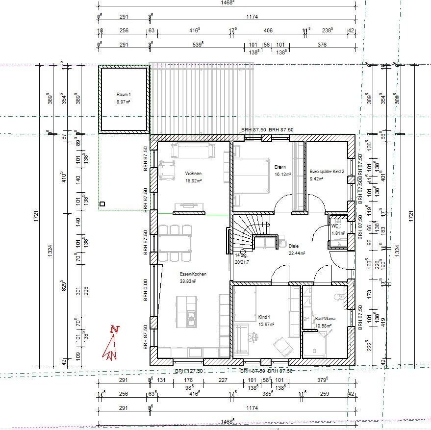 Grundriss eines Einfamilienhauses mit Wohnen, Essen/Kochen, Eltern- und Kinderzimmer, Diele, Bad, WC.