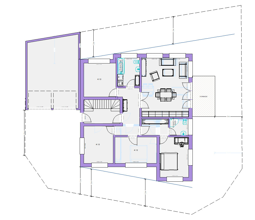 Grundriss eines Hauses mit Wohnzimmer, Küche, Bad, Schlafzimmer, Terrasse und Treppe.
