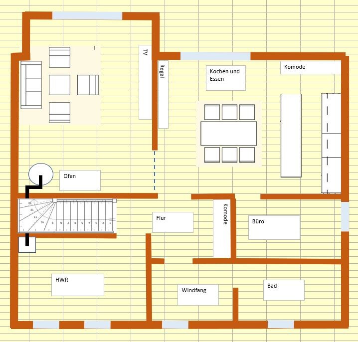 Grundriss eines Hauses mit Wohnzimmer, Küche/Essen, Büro, Bad, Flur, Windfang, HWR und Treppe.