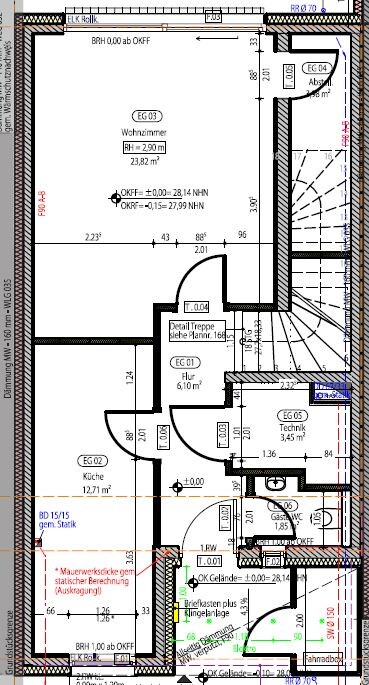 Grundriss eines Gebäudes: Treppe, Wohnzimmer, Küche, Flur und Technikraum auf der Ebene EG.