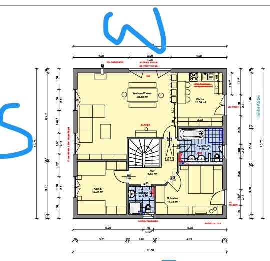 Grundriss eines Einfamilienhauses: Wohnzimmer, Küche, Bad, Schlafzimmer, Kinderzimmer, Flur, Terrasse.