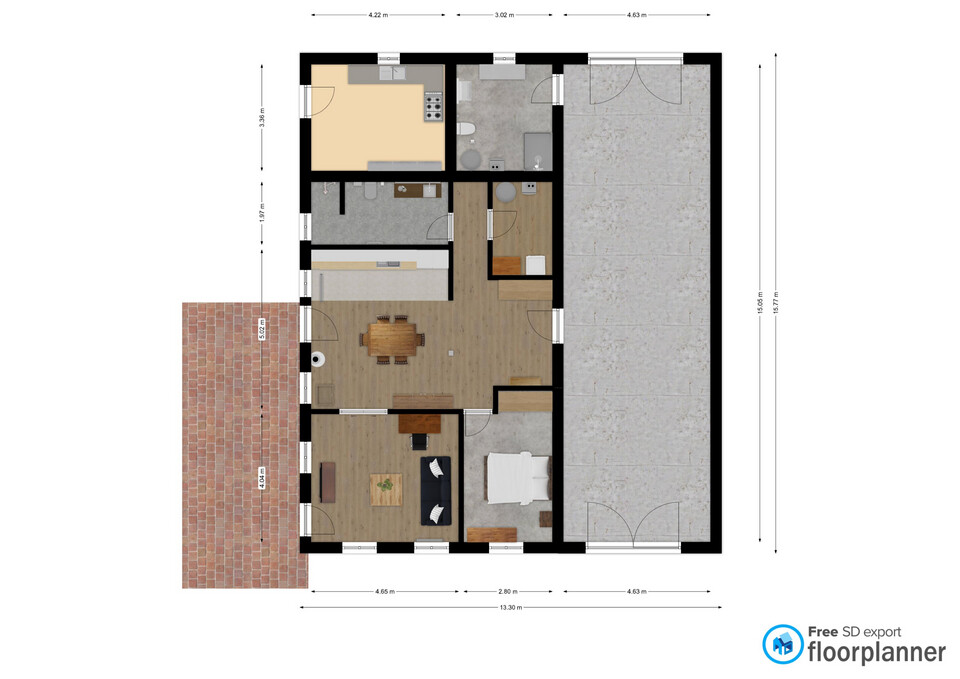 Grundriss eines Hauses mit Küche, Essbereich, Wohnzimmer, Schlafzimmer, Bad, Garage und Terrasse