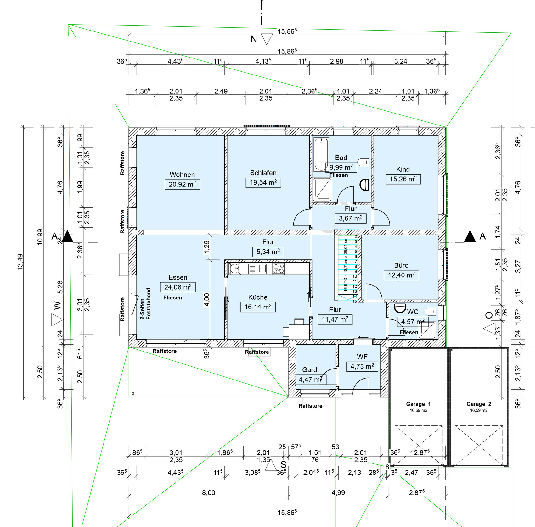 Grundriss eines Einfamilienhauses mit Wohn-, Schlaf-, Küche-, Bad-, Kind-, Büro, Flur und Garage.