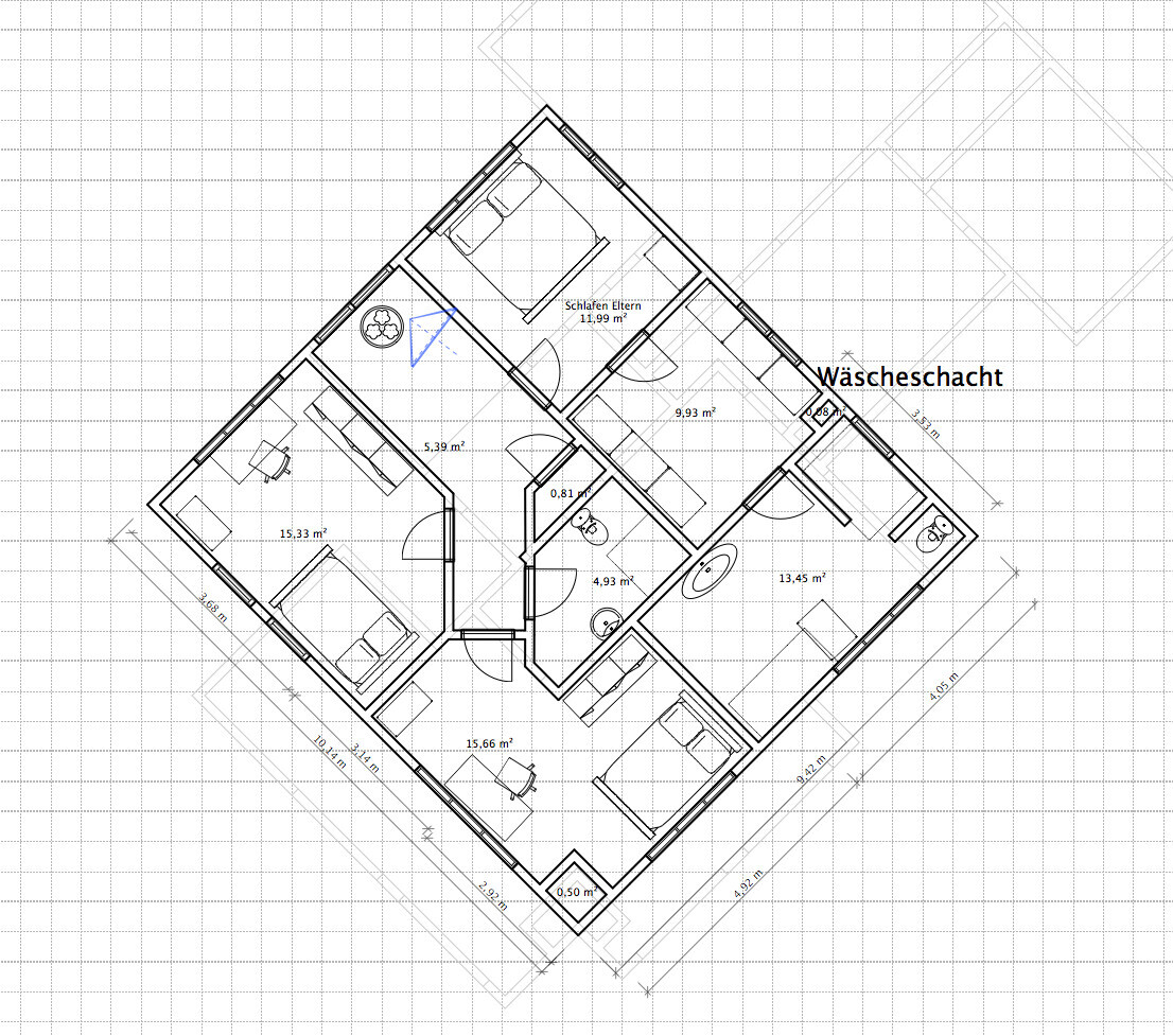 Grundriss eines Wohnhauses mit mehreren Zimmern, Maßen in m², Wäscheschacht.