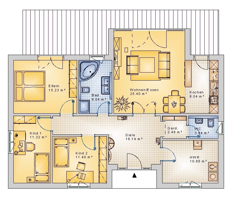 Grundriss eines Hauses: Wohnzimmer, Küche, Bad, Flur, Eltern- und Kinderzimmer, WC, HWR.