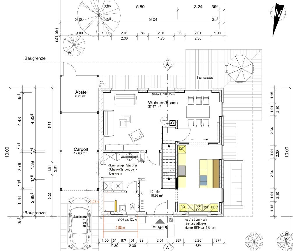Grundriss eines Hauses: Wohnen/Essen, Diele, Küche, Terrasse, Carport, Abstellraum.