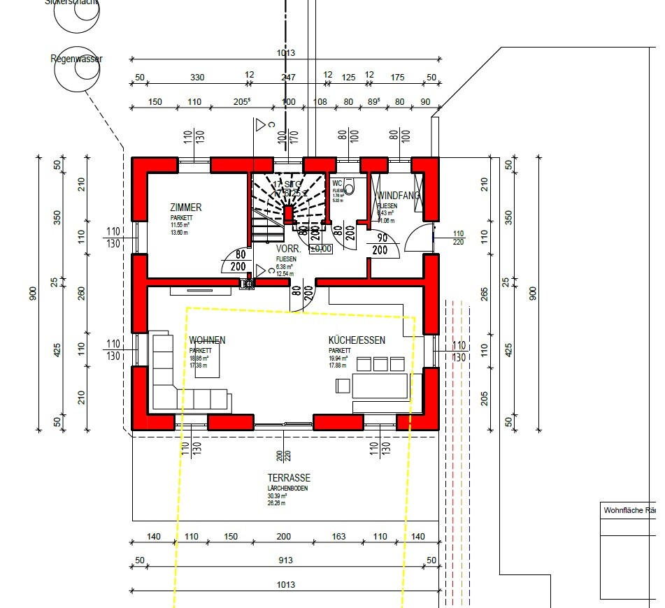 Grundriss eines Hauses mit roten Außenwänden, Zimmer, Wohnen, Küche und Terrasse.