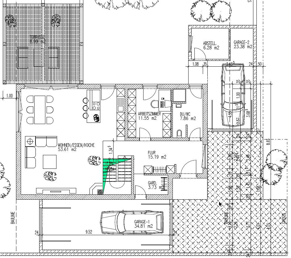 Grundriss eines Hauses: Wohn/Ess/Küche, Arbeitszimmer, Flur, Dusche/WC, Garderobe, 2 Garagen