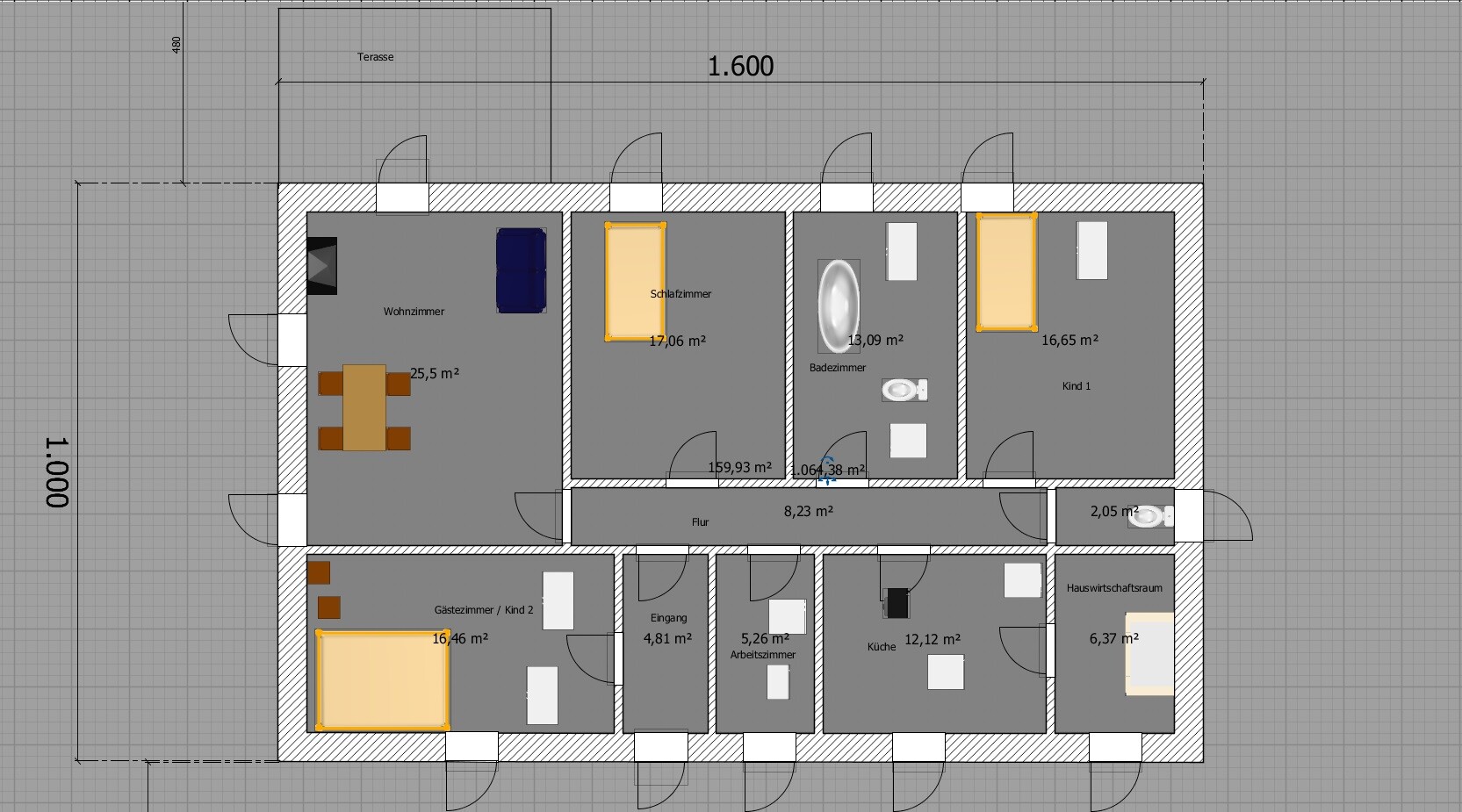 Grundriss eines Hauses mit Wohnzimmer, Küche, Flur, Bad, Schlafzimmer, Gäste-/Kinderzimmer, Terrasse.