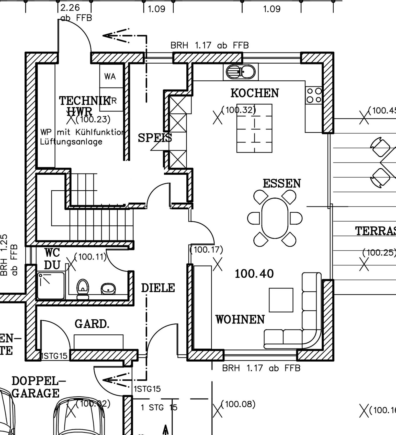 Grundriss eines Hauses: Kochen, Essen, Wohnen, Diele, Technikraum, WC, Speis, Terrasse, Garage.